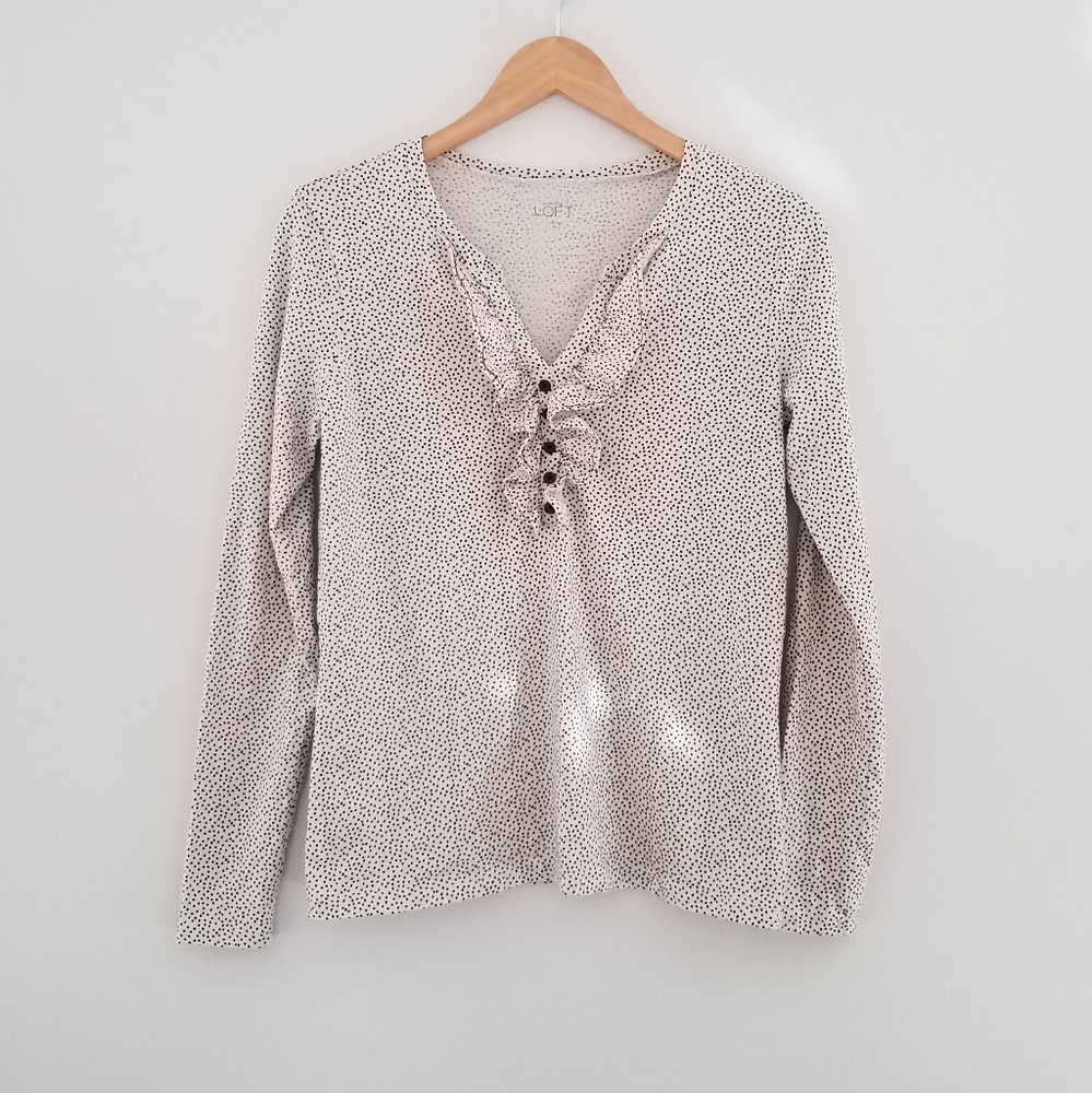 LOFT cream black polka dot ruffle henley
